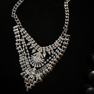 Vintage Rhinestone Statement Necklace – Silver-Tone Layered Costume Jewelry